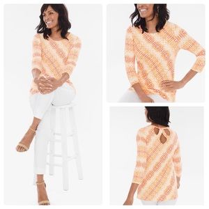 Chicos size 3 orange white dreamy drops back detail 3/4 sleeve top XL.